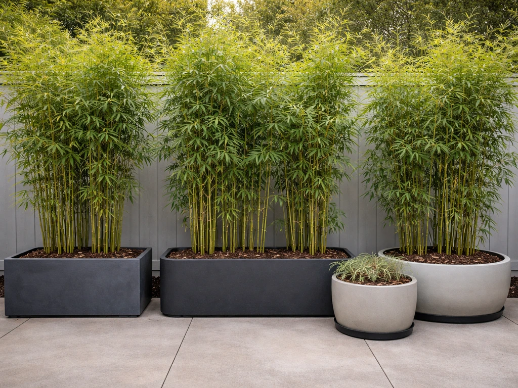 Dense bamboo in large planters forms a privacy screen along a patio and fence line.