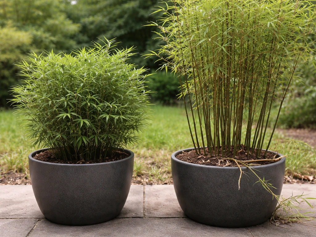 Side-by-side containers showing clumping bamboo staying tight versus running bamboo spreading outward.