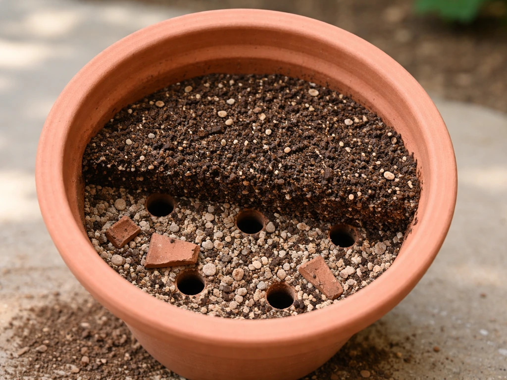 Close-up of a plant pot with drilled drainage holes, gravel layer, and well-draining soil mix