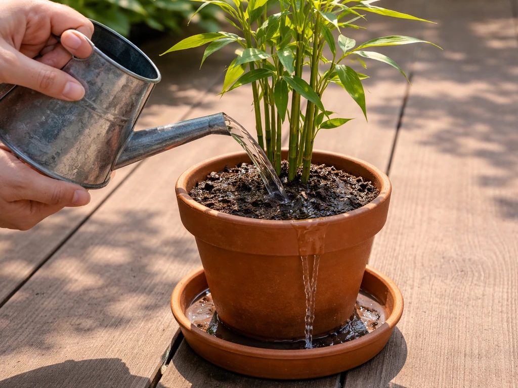 Gardener watering potted bamboo with a watering can until water drains from holes