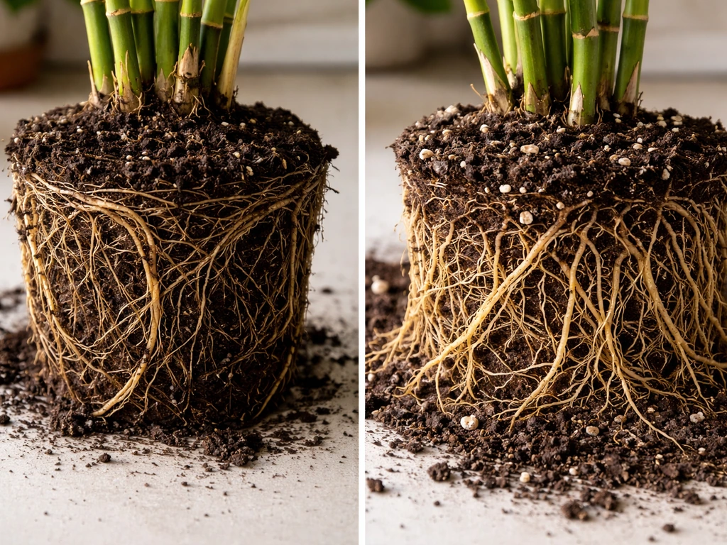 Close-up of pot-bound bamboo roots tightly circling vs healthier outward-growing roots in fresh soil.