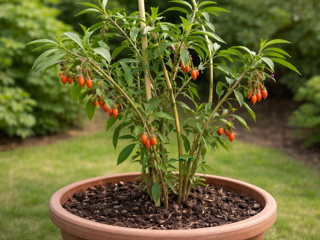 Goji shrub in a container showing container-friendly growth and a few berries