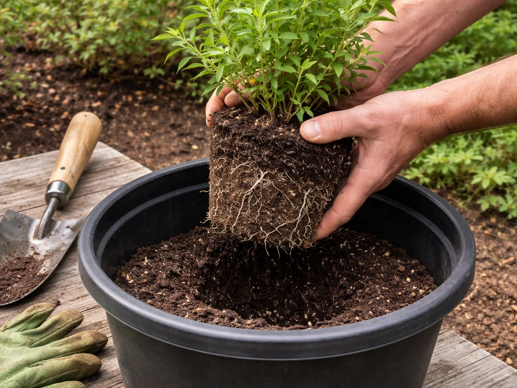 Transplanting a nursery goji plant into its container