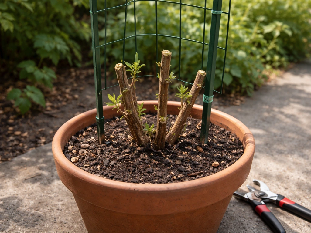Pruned goji shrub trained with stakes in a pot