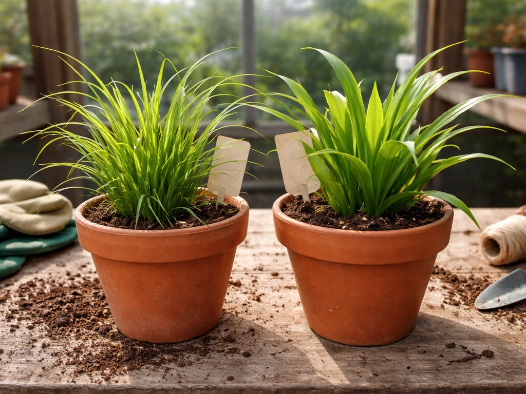 Nursery table with two labeled-looking plant pots showing true citronella grass and a similar look-alike.