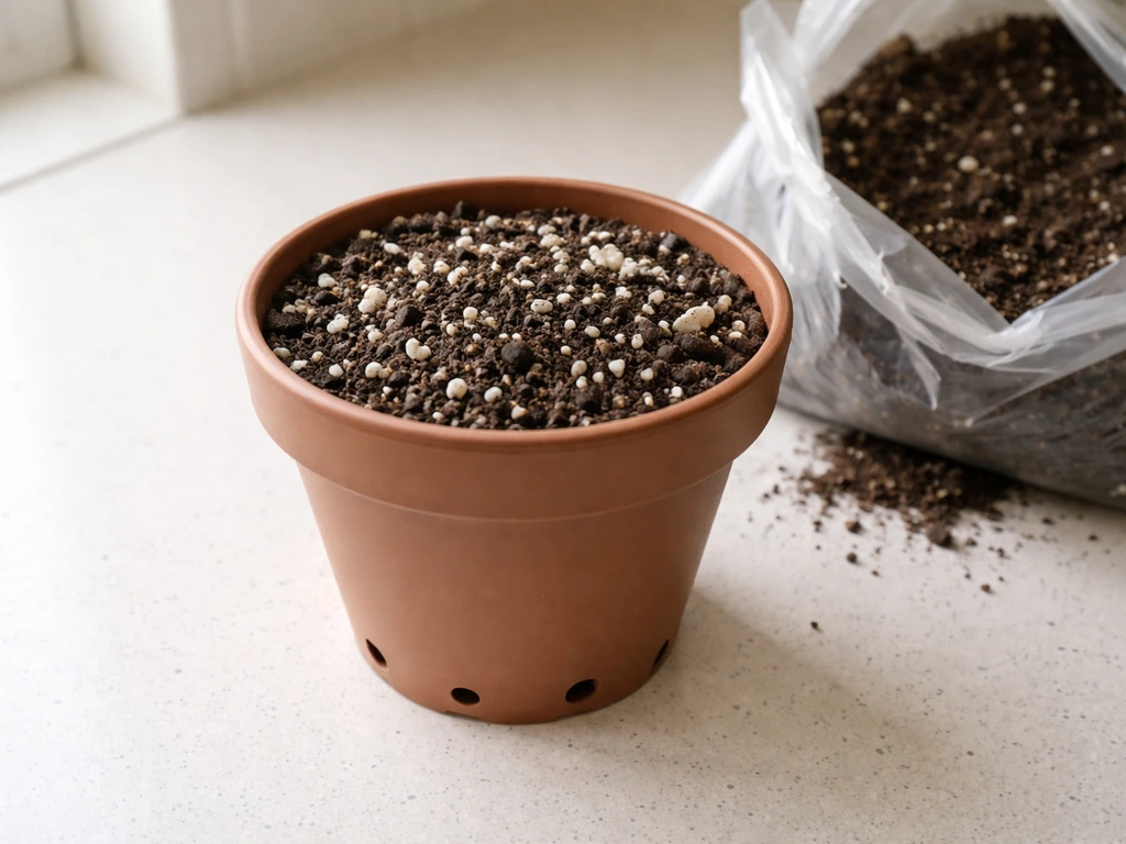 Empty pot filled with light, airy potting mix showing drainage holes and perlite-like top layer.