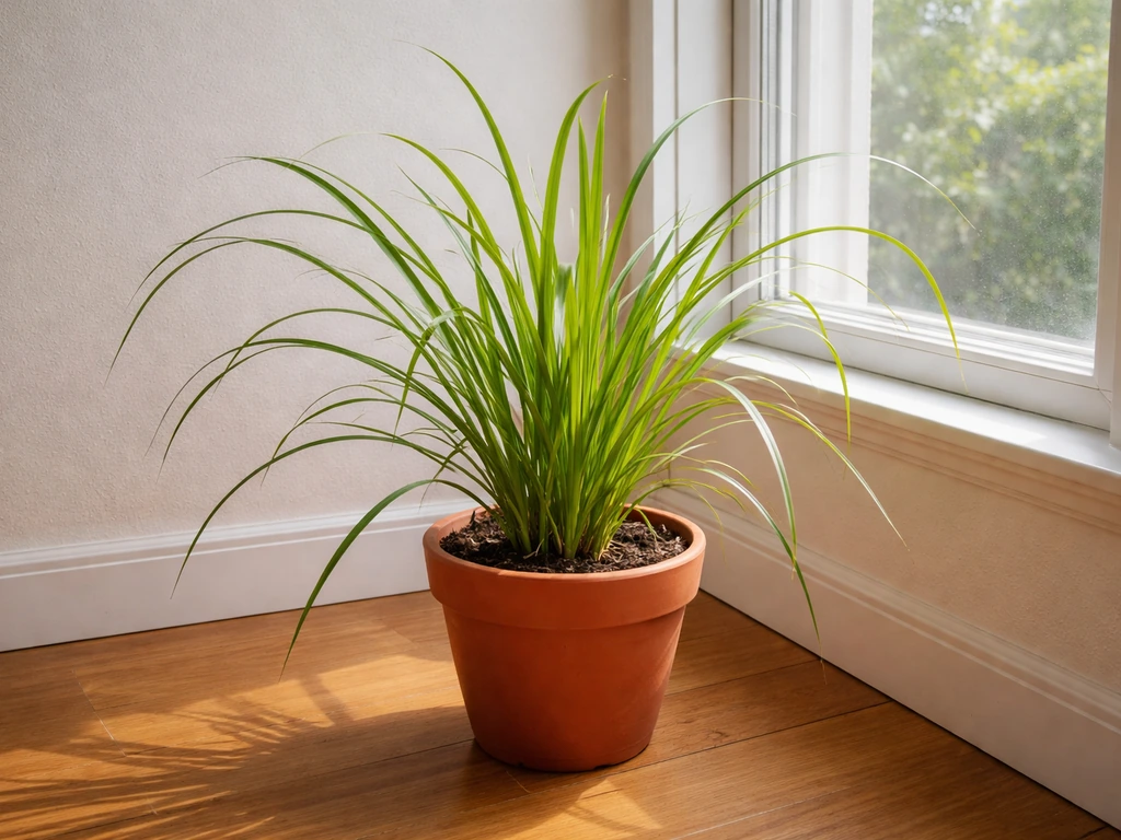 Potted citronella grass placed indoors near a bright window during overwintering