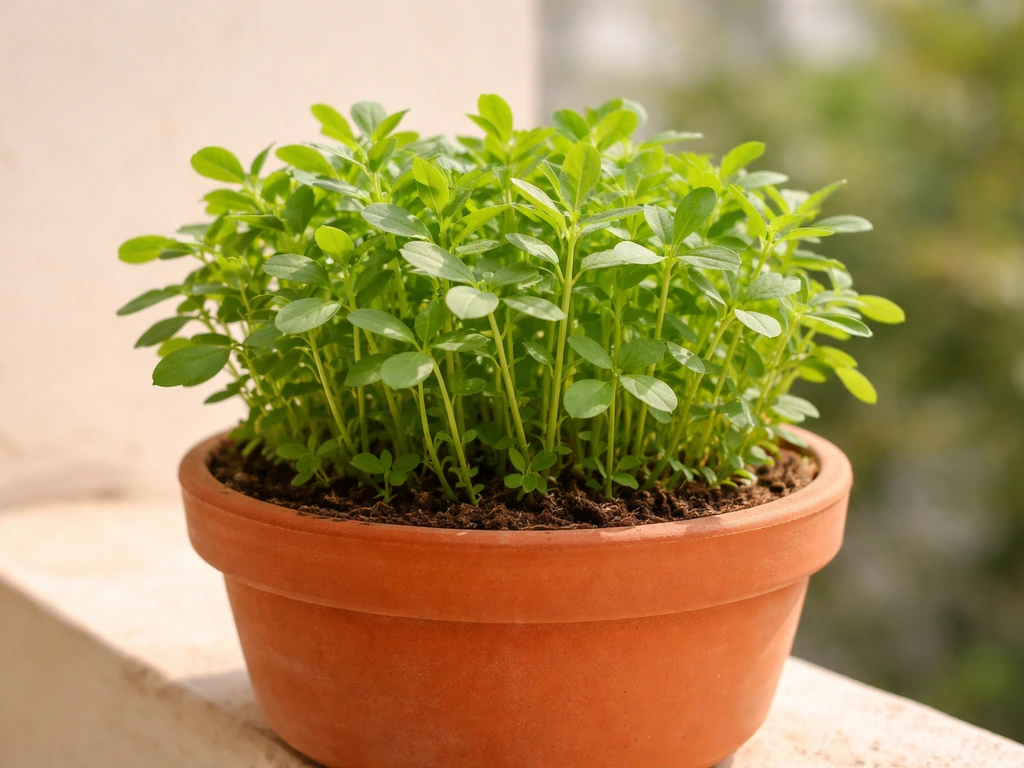 Lush fenugreek (methi) plants thriving in a terracotta pot on a balcony ledge