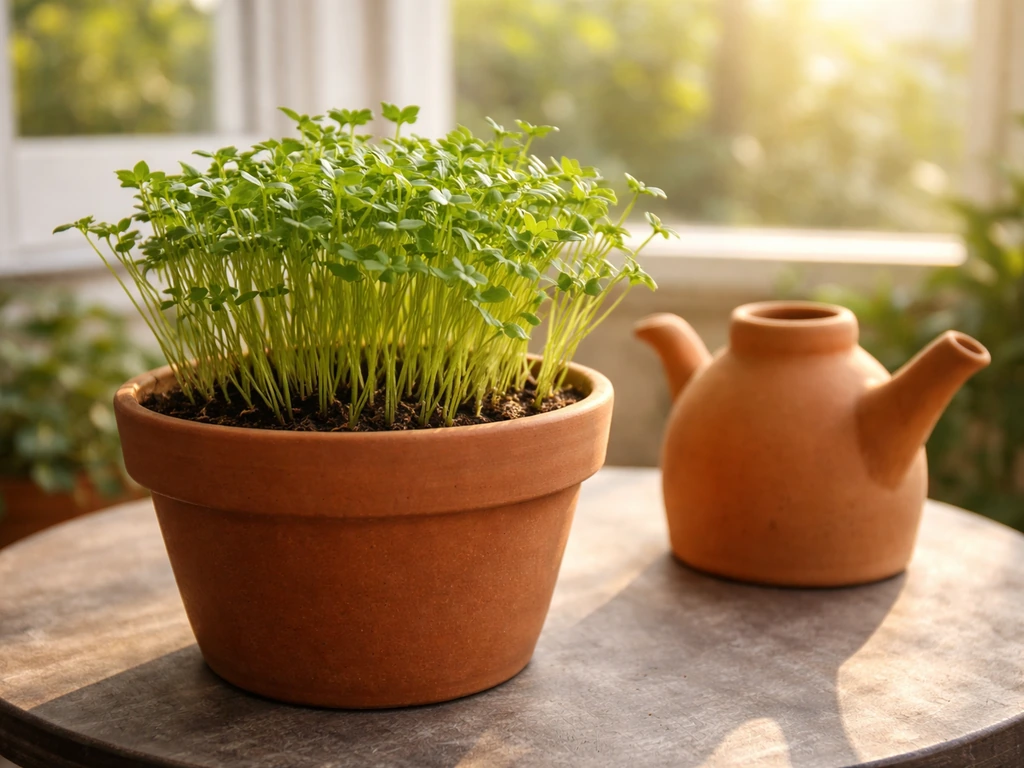 Fenugreek seedlings in a terracotta pot near bright window sunlight for light and temperature planning.