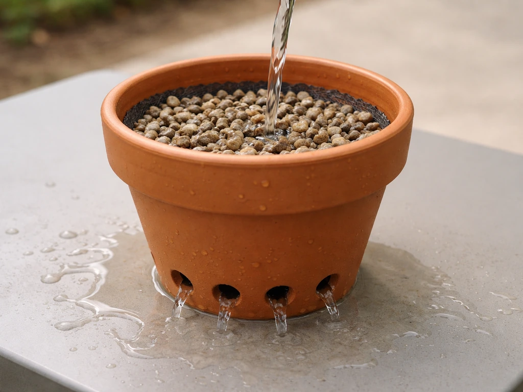 Water pours into a terracotta pot with drainage holes covered by gravel/mesh, draining out below.