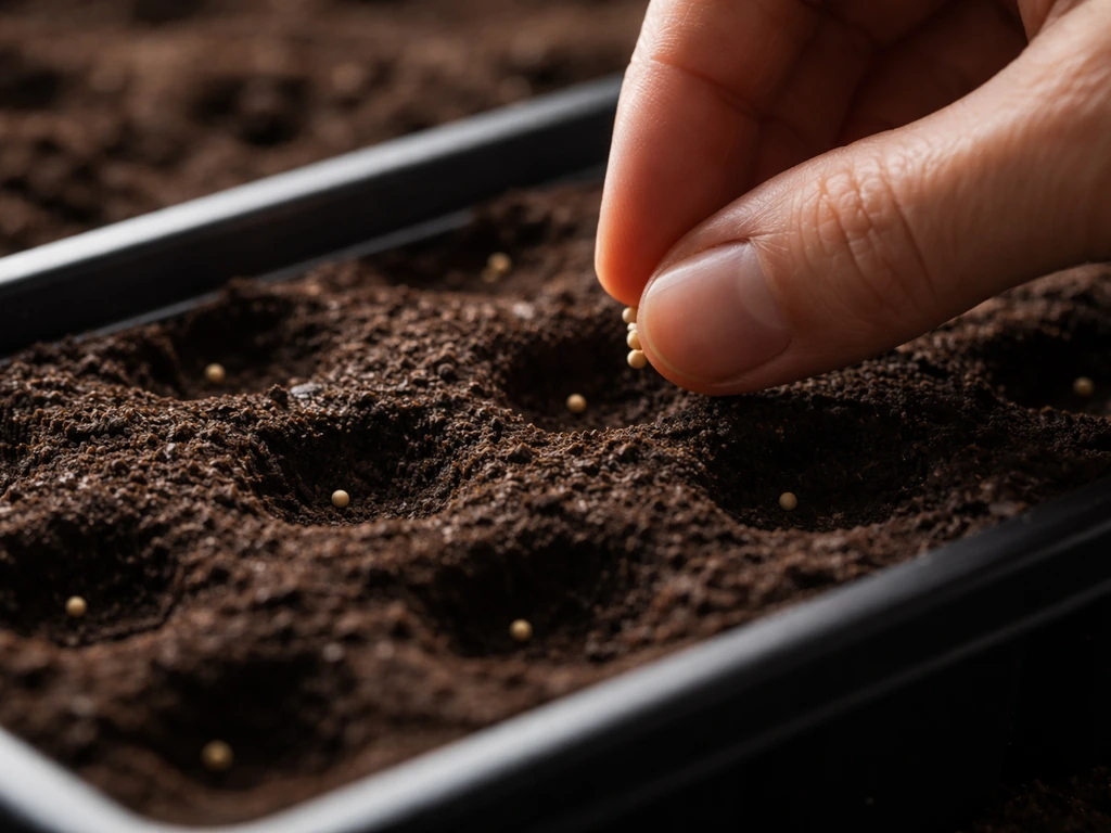 Close-up of small seeds gently placed into shallow holes on potting mix in a small tray