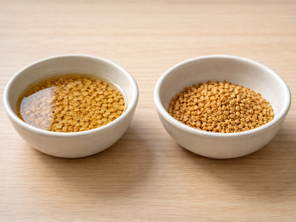 Small bowl of soaked fenugreek seeds beside a bowl of dry seeds, ready for planting.