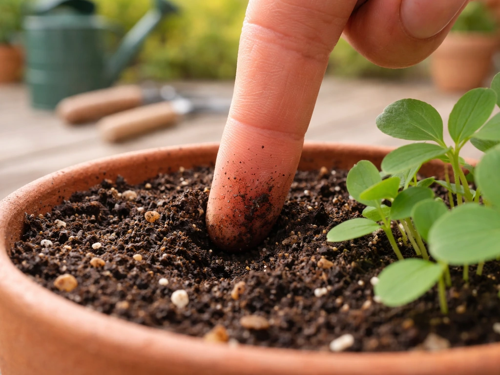 Hand sticking a finger about an inch into soil in a potted fenugreek plant to check moisture.