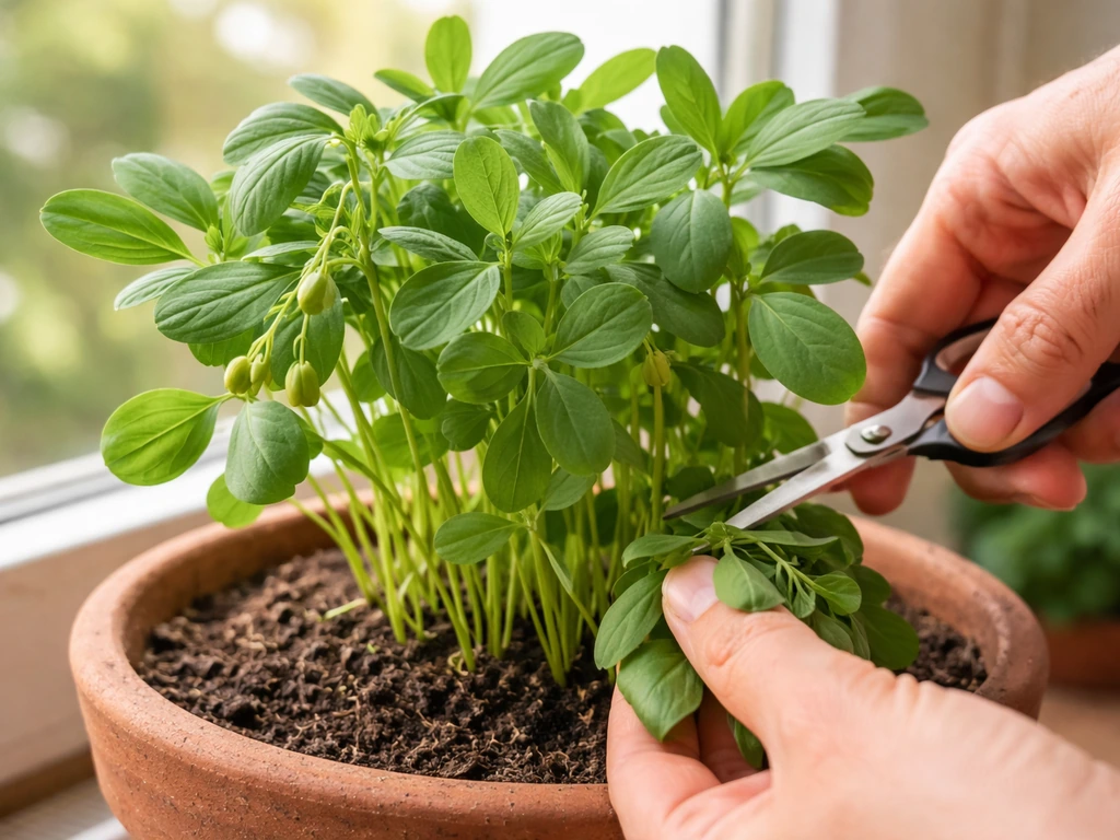 Hand snips fresh methi leaves from a potted fenugreek plant with a few green seed pods nearby.