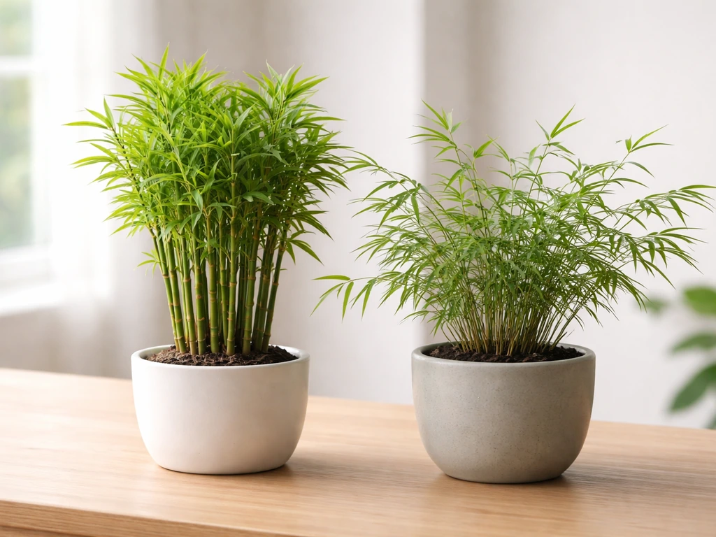 Two small potted bamboo plants showing clumping vs running growth habits under natural light.