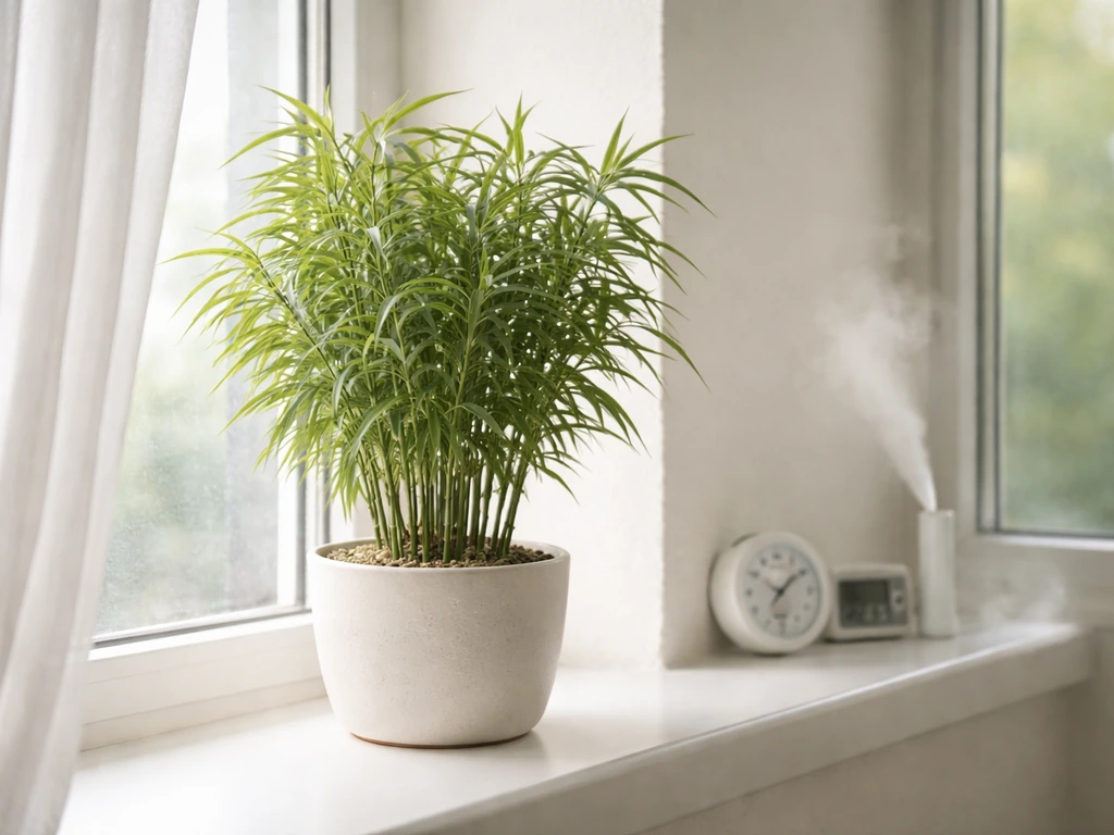 Clumping bamboo near a bright window with subtle misting and a small thermometer/humidity gauge