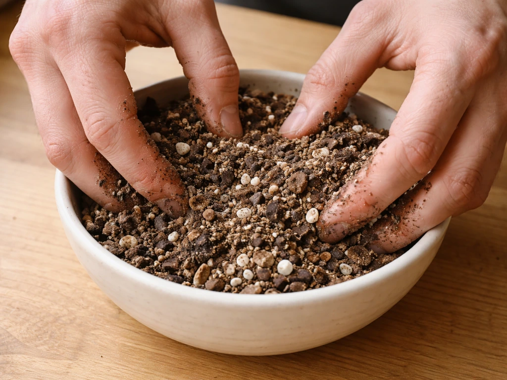 Hands mixing bark-based potting mix with perlite and coarse sand in a small bowl on a wooden table.