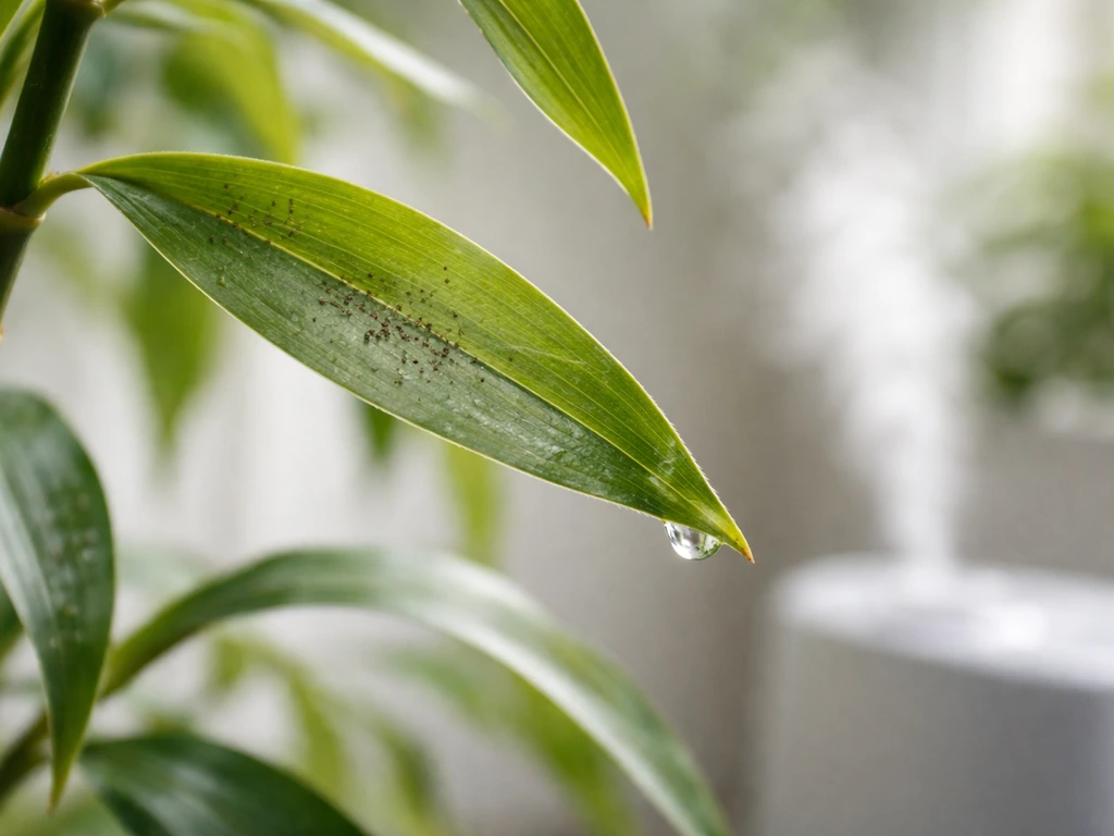 Close-up of indoor bamboo leaf with tiny specks and faint spider mite webbing on underside