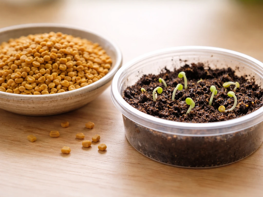 Whole fenugreek seeds next to a small container of soil with early methi sprouts