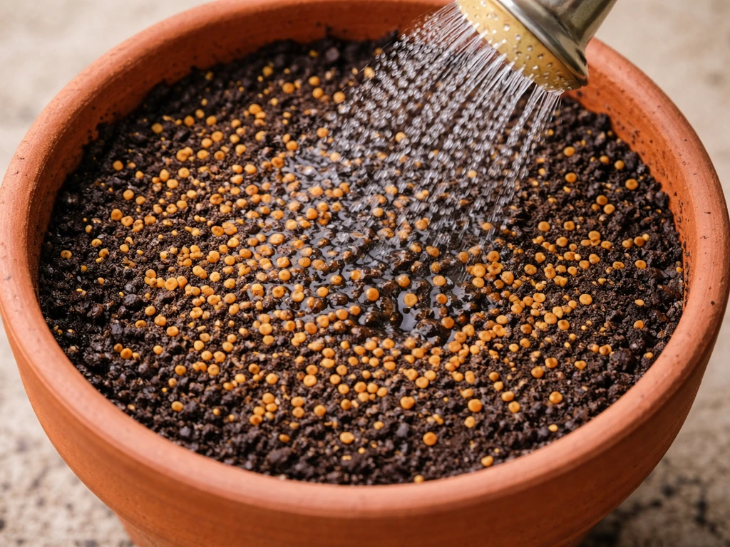 Top-down view of methi seeds scattered in moist potting mix with gentle misty watering.