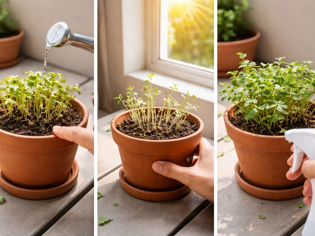 Triptych of pot-grown methi problems: yellow leaves from overwatering, sparse growth from low light, and pest damage.