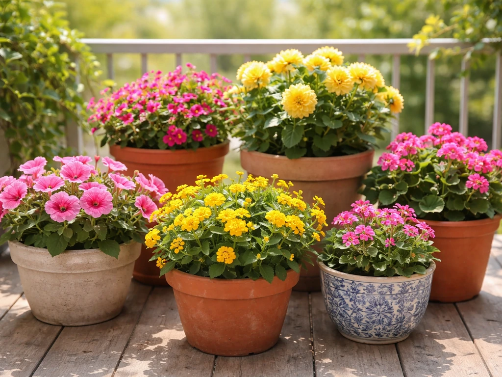 Vibrant potted flowering plants on a sunny balcony patio, thriving blooms in multiple pots