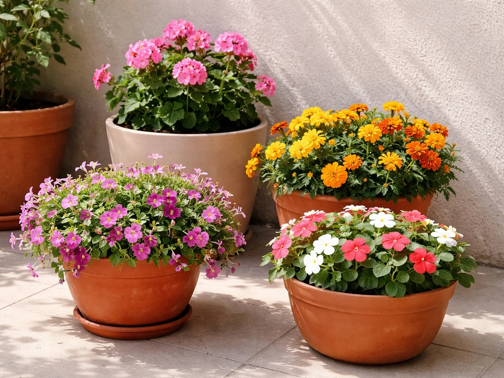 Colorful compact potted flowers in individual pots on a patio, beginner-friendly container garden.