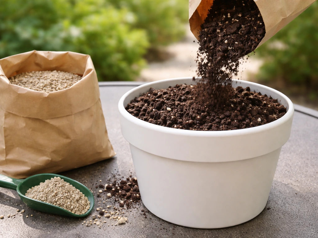 Potting mix being poured into a container with fertilizer beside it on a patio table.
