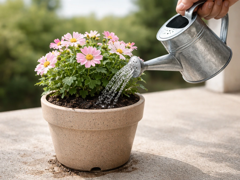 Hand watering a small potted plant; soil visibly darkens and a little drains from the bottom.