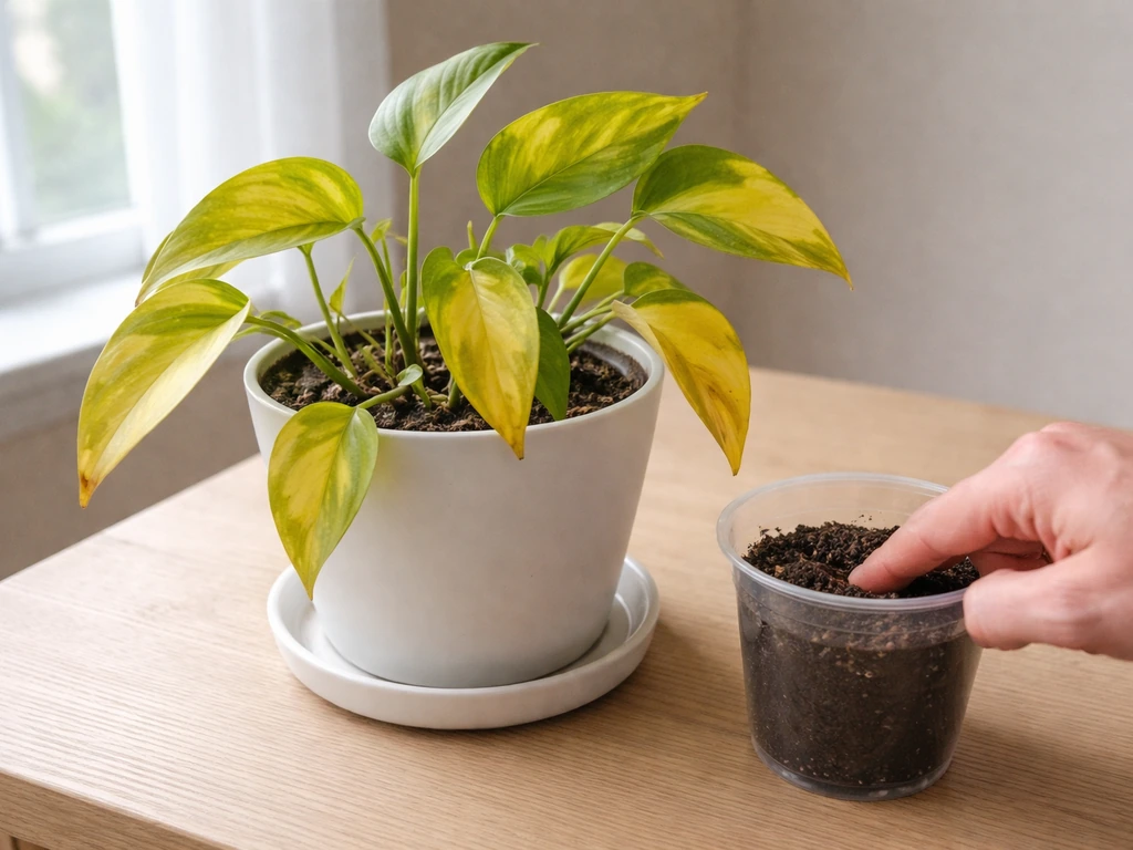 Single potted plant with yellow drooping leaves while someone checks soil moisture in the pot.