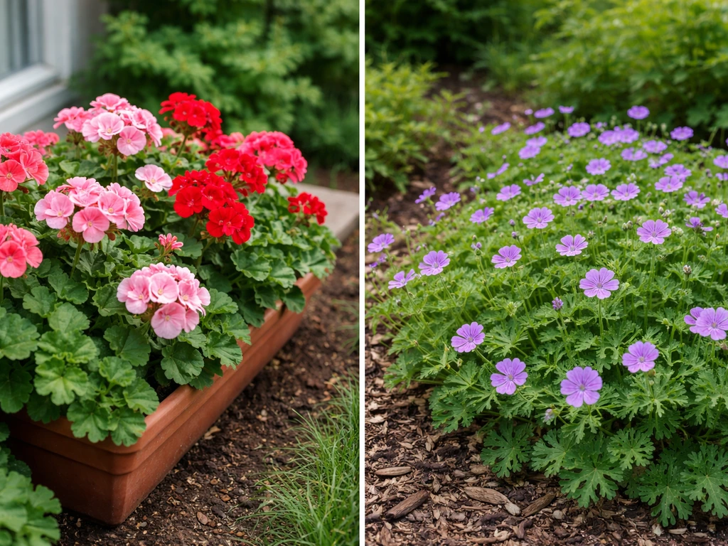 Tender Pelargonium in a window box beside hardy cranesbill in a garden bed with small blossoms