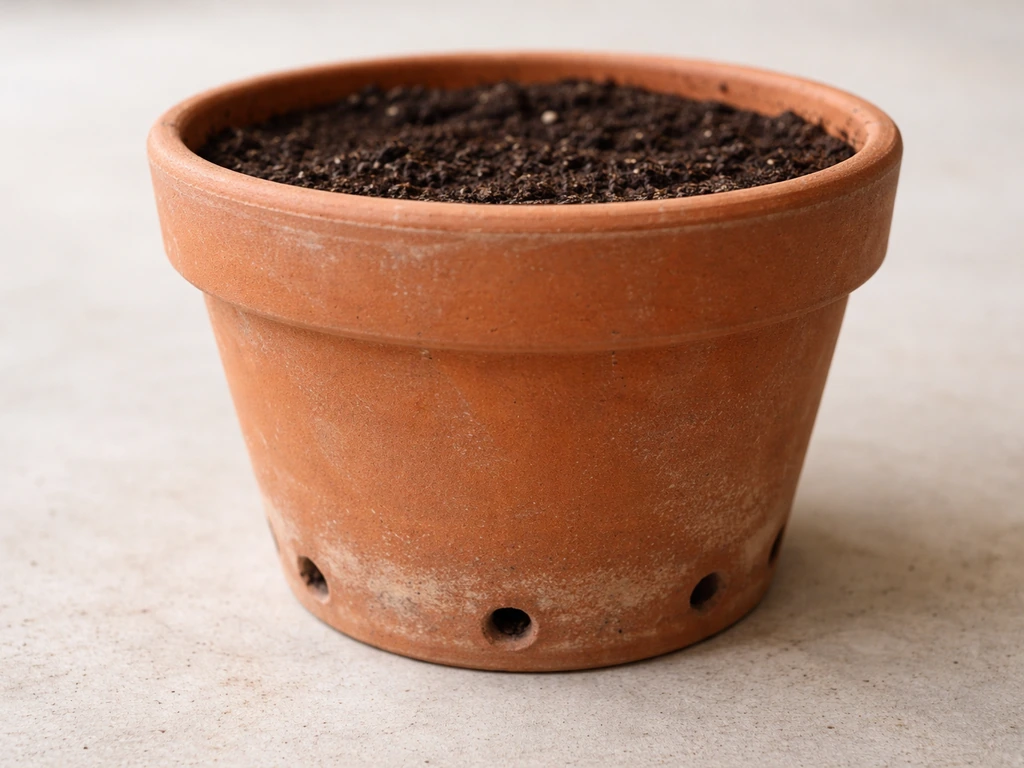 Close-up of a terracotta geranium pot bottom showing several drainage holes and worn natural texture.
