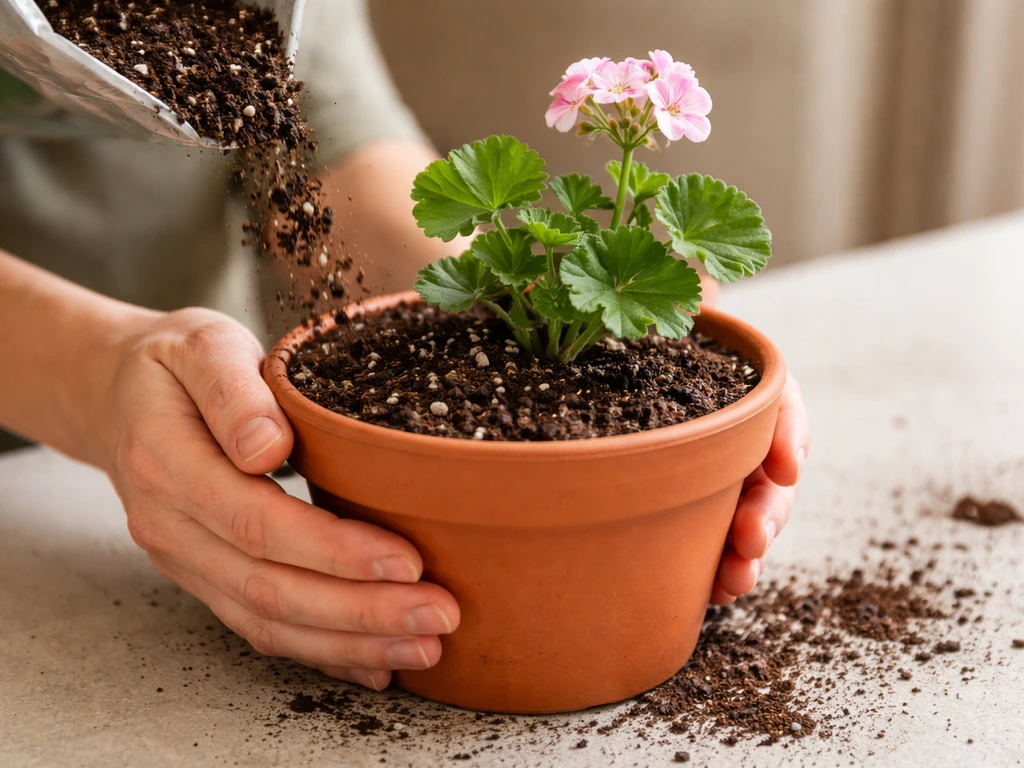 Hands filling a small pot with fresh potting mix, with geranium positioned at correct planting depth.