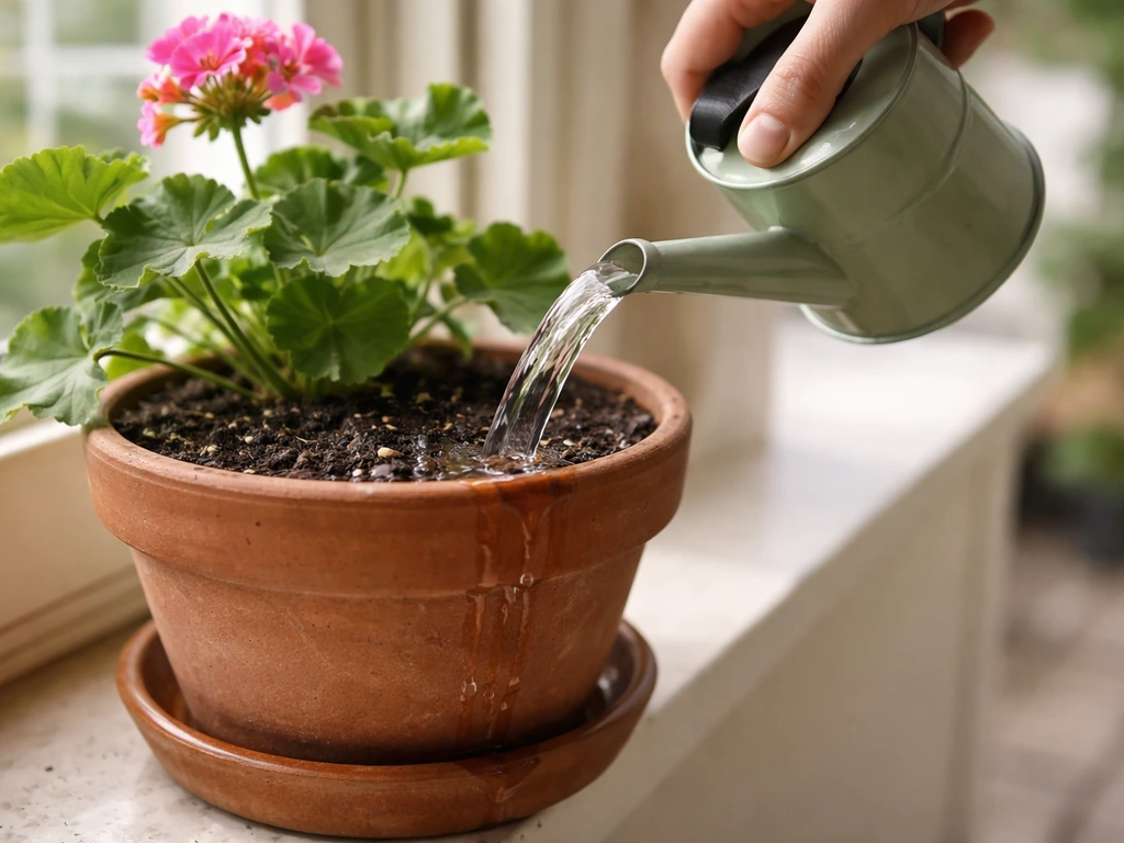 Hands gently water a potted geranium, water soaking the soil as excess begins to drain.