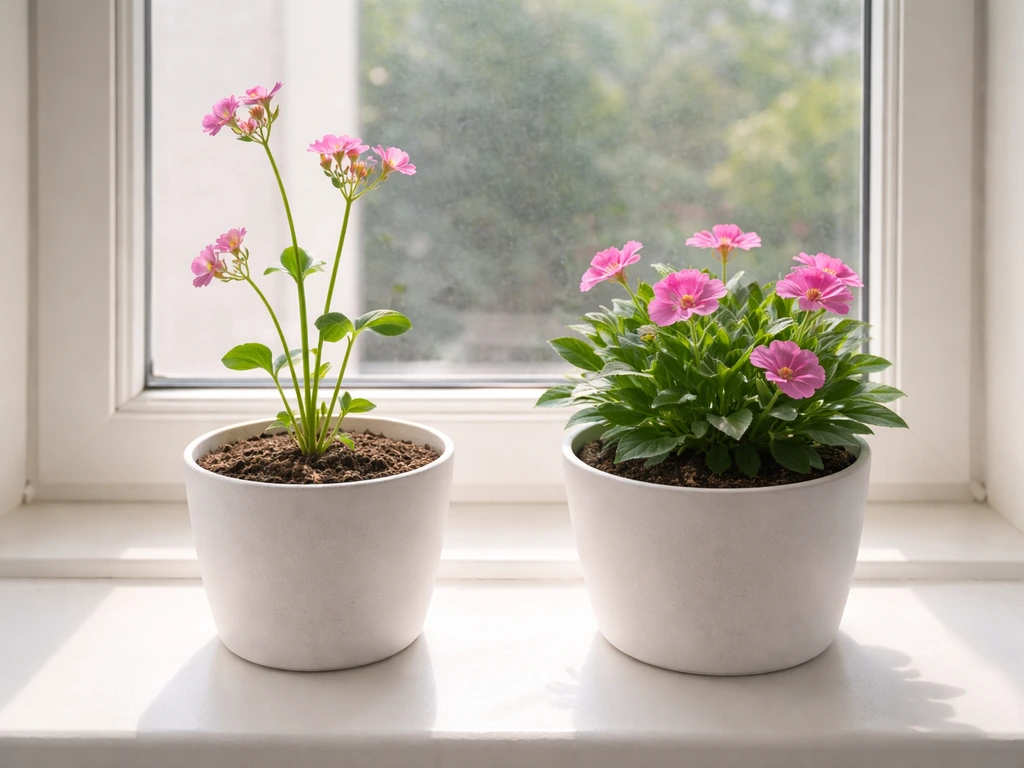 Two potted plants side by side—one leggy with few blooms, one compact and healthier in stronger light.