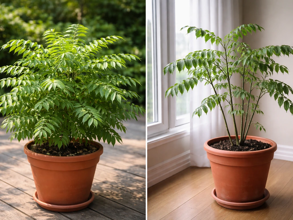 Curry leaf plant in a sunny pot outdoors with lush leaves beside a sparser indoor pot under dim light.