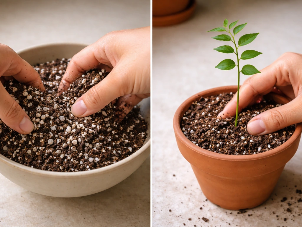 Hands mixing potting mix with perlite and planting a curry leaf sapling in a small pot