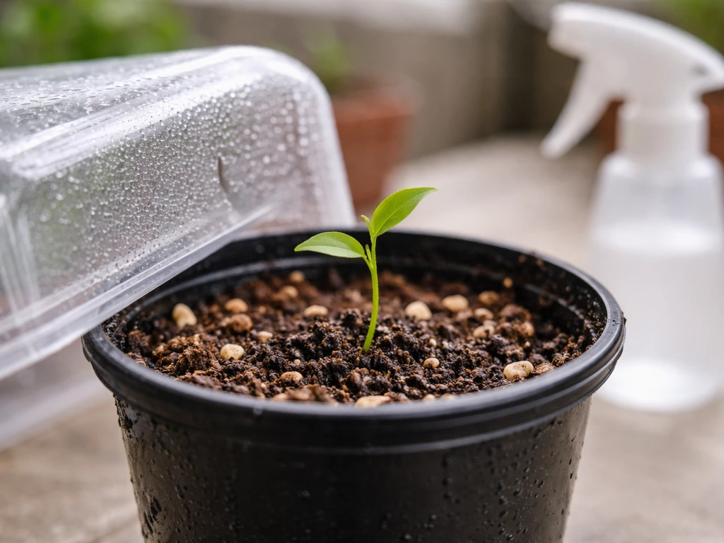 Close-up of a curry leaf seedling in a small pot under a clear humidity dome, soil kept moist.