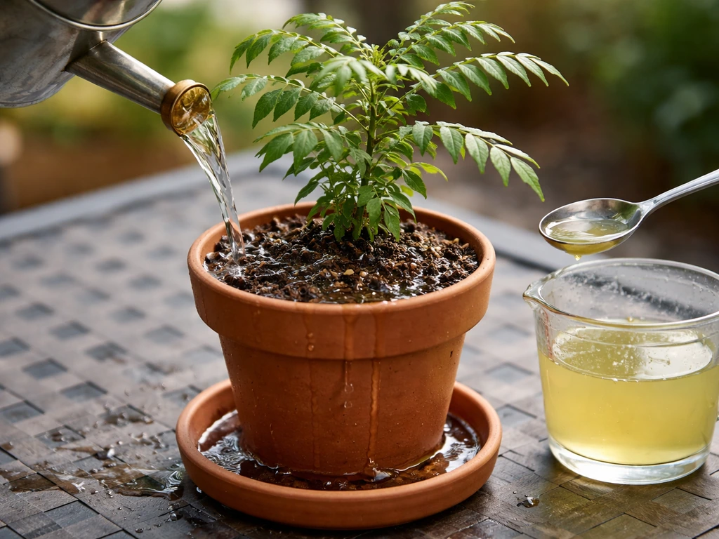 Curry leaf plant in a pot being watered until runoff drains; diluted fertilizer solution ready to apply.