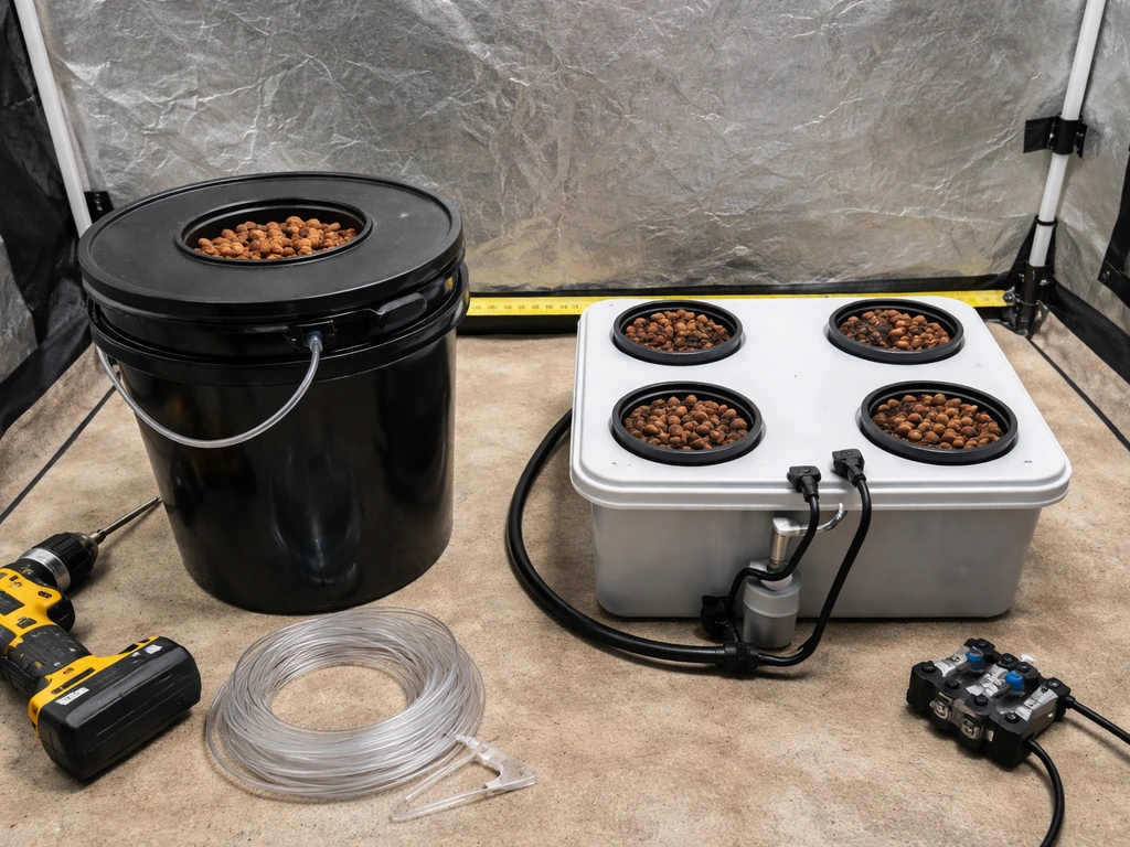 Two hydroponic setups laid out to compare space fit and components