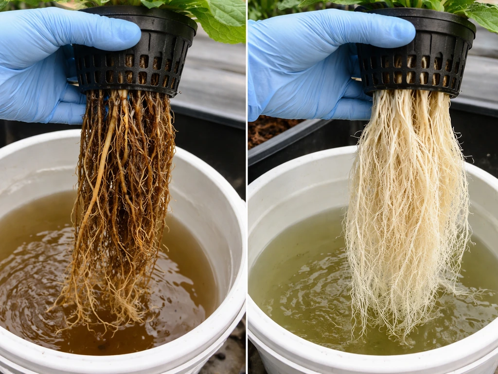 Side-by-side inspection of slimy root rot versus healthy white roots