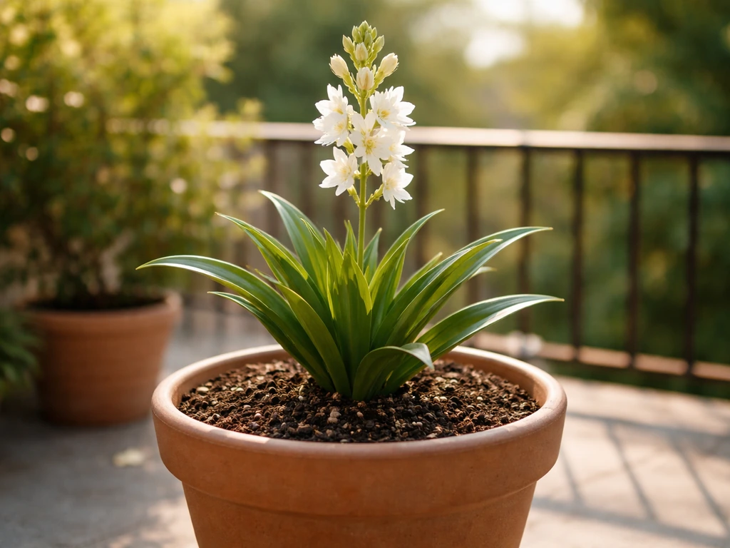 Potted tuberose with a blooming flower spike and green leaves on a warm sunny balcony