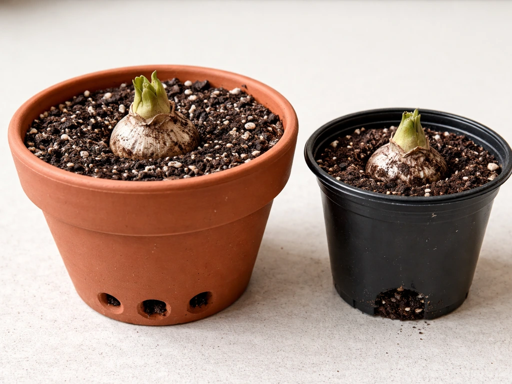 Close-up of a tuberose bulb in a proper drainage pot beside a too-small, poorly draining pot.