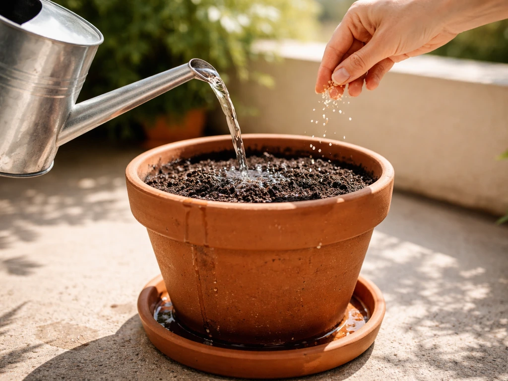 Watering can pouring into a terracotta pot with drainage saucer on a sunny balcony.