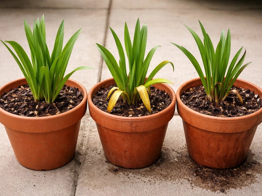Potted tuberose side-by-side: one lush with green leaves, one with yellowing leaves, one showing rot-like overwatering