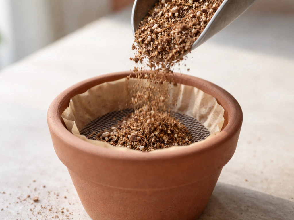 Fresh soilless potting mix poured into a pot with drainage mesh and a coffee filter over the holes.