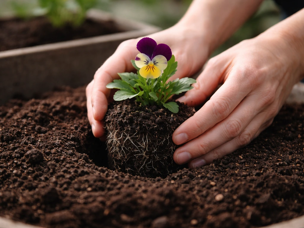 Hands place a pansy seedling root ball into a pot, crown aligned at soil level.