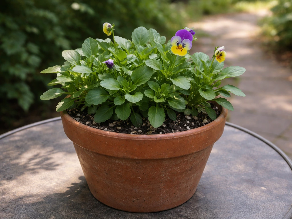Pansy pot with lush green leaves but only a few sparse flowers in partial shade.