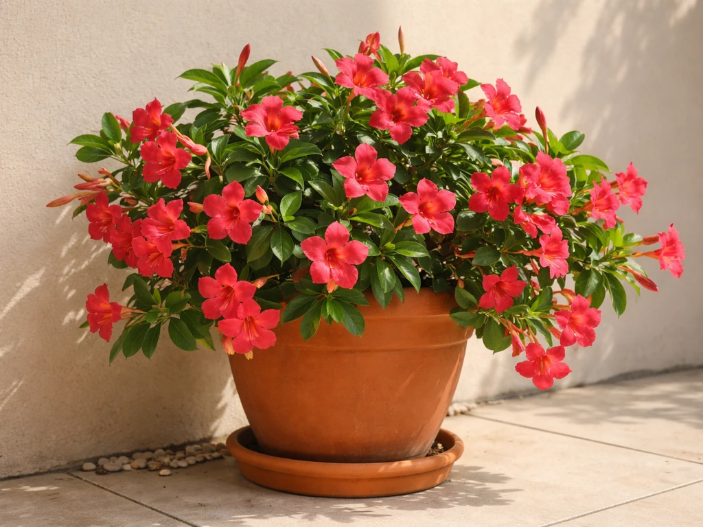 Vibrant pink-red dipladenia flowers blooming in a terracotta pot on a sunny patio balcony.