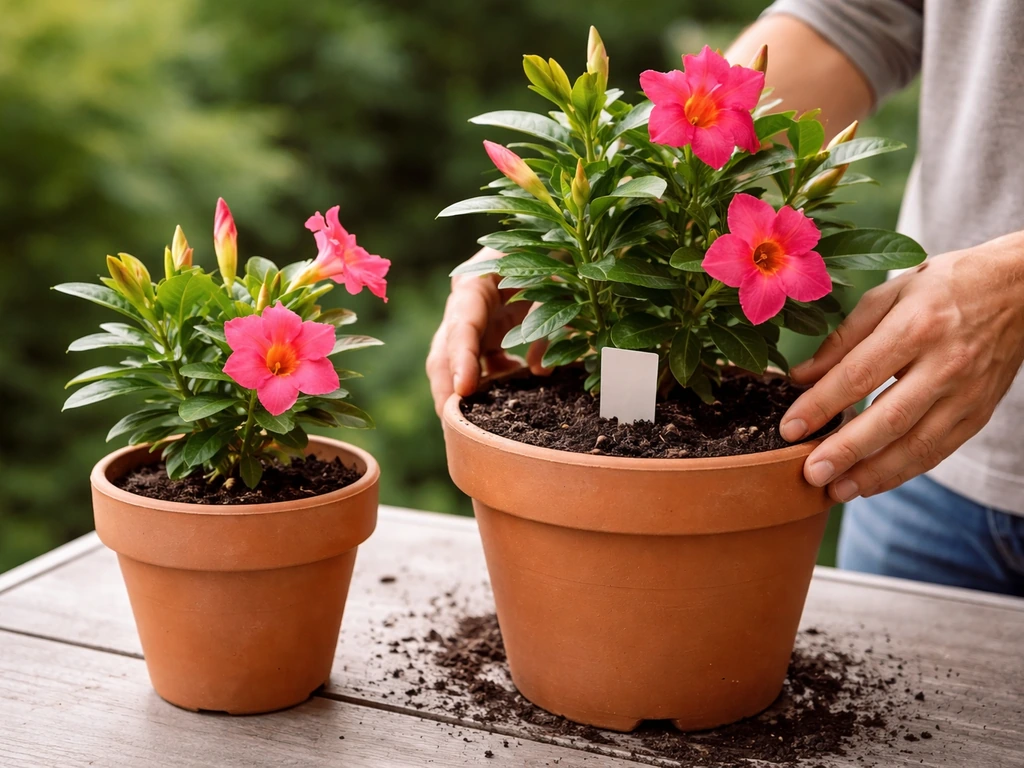 Two dipladenia pots side by side, showing a smaller container next to a slightly larger one for better growth.